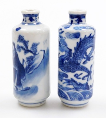 Three Chinese blue and white cylindrical porcelain snuff bottles, decorated with dragons, figures in a landscape, another of meiping form decorated with horses, and two further miniature blue and white vases; various Yongzheng and Qianlong marks to the un - 31