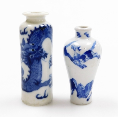 Three Chinese blue and white cylindrical porcelain snuff bottles, decorated with dragons, figures in a landscape, another of meiping form decorated with horses, and two further miniature blue and white vases; various Yongzheng and Qianlong marks to the un - 36