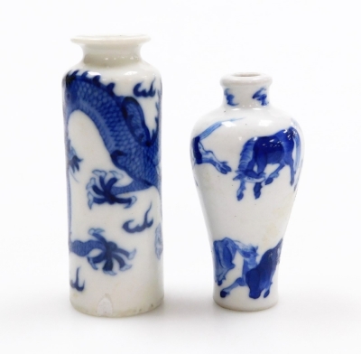 Three Chinese blue and white cylindrical porcelain snuff bottles, decorated with dragons, figures in a landscape, another of meiping form decorated with horses, and two further miniature blue and white vases; various Yongzheng and Qianlong marks to the un - 37