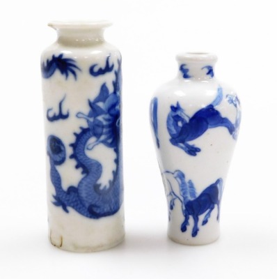 Three Chinese blue and white cylindrical porcelain snuff bottles, decorated with dragons, figures in a landscape, another of meiping form decorated with horses, and two further miniature blue and white vases; various Yongzheng and Qianlong marks to the un - 39