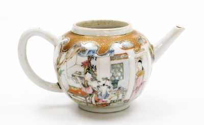 An 18thC Chinese teapot with matching bowl and teapoy, hand painted with figures on a terrace and with gold hatched wave like borders, teapot lacking lid, vase 10cm high, bowl 12cm diameter, teapot 8.5cm high. (3) - 21