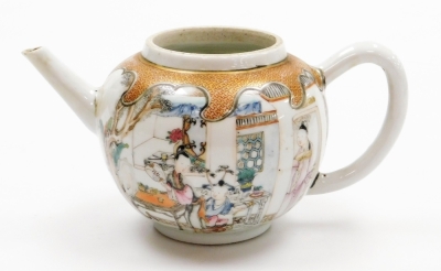 An 18thC Chinese teapot with matching bowl and teapoy, hand painted with figures on a terrace and with gold hatched wave like borders, teapot lacking lid, vase 10cm high, bowl 12cm diameter, teapot 8.5cm high. (3) - 23