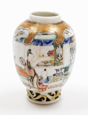 An 18thC Chinese teapot with matching bowl and teapoy, hand painted with figures on a terrace and with gold hatched wave like borders, teapot lacking lid, vase 10cm high, bowl 12cm diameter, teapot 8.5cm high. (3) - 27