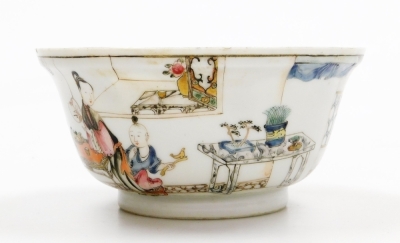 An 18thC Chinese teapot with matching bowl and teapoy, hand painted with figures on a terrace and with gold hatched wave like borders, teapot lacking lid, vase 10cm high, bowl 12cm diameter, teapot 8.5cm high. (3) - 33