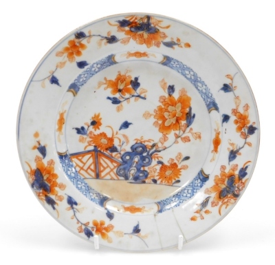 A collection of 18th Chinese plates, including four matching famille rose with chrysanthemum and swallow decoration, 23cm diameter, a pair with flowers and vases, 23cm diameter, and a Chinese Imari plate, 22.8cm diameter. (AF) - 19