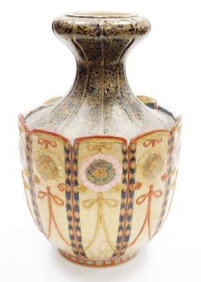 A Meiji period Japanese Satsuma vase, with tapered and inverted flared neck, in black with gilt foliate scroll decoration, the panelled body with intricate rosettes and ribbons, (AF), 42cm high. - 11