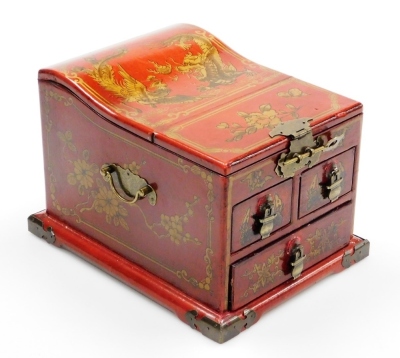 A Chinese red lacquer jewellery box, with hinged lid housing a mirror and drawers below, decorated with hand painted dragons, birds and flowers, 18cm high, 21cm wide, 21.5cm deep. - 10