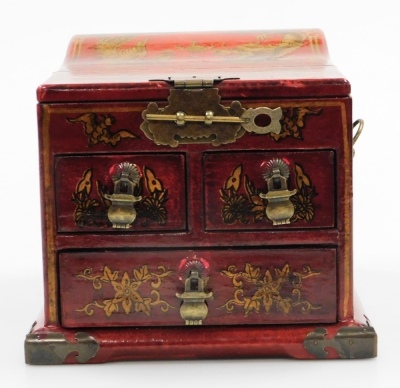 A Chinese red lacquer jewellery box, with hinged lid housing a mirror and drawers below, decorated with hand painted dragons, birds and flowers, 18cm high, 21cm wide, 21.5cm deep. - 11