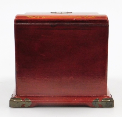 A Chinese red lacquer jewellery box, with hinged lid housing a mirror and drawers below, decorated with hand painted dragons, birds and flowers, 18cm high, 21cm wide, 21.5cm deep. - 13