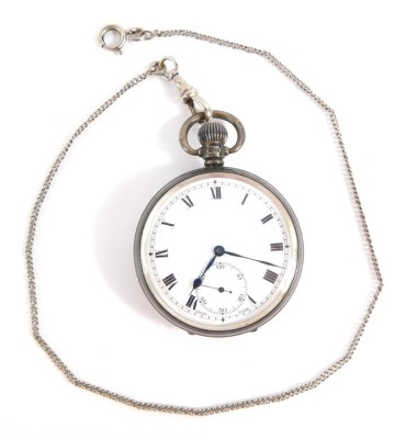 A George V silver gentleman's pocket watch, open faced, keyless wind, white enamel dial bearing Roman numerals, subsidiary seconds dial, blue hands, the case with engine turned decoration, shield and garter reserve, Birmingham 1930, on a silver plated wat - 6