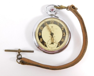 An Ingersoll Triumph gentleman's pocket watch, open faced, keyless wind, cream dial with yellow hands, subsidiary seconds dial, stainless steel cased with yellow plastic covering, on a leather strap, with box. - 2