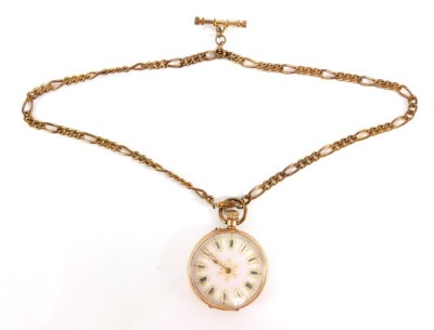 A 9ct gold Continental fob watch, the white and pink finished dial with Roman numerals and gilt and silvered coloured scroll detailing, in a hammered heavily floral embossed case, with vacant crest, bezel wind on a gold plated watch chain, 44.5g all in. - 6