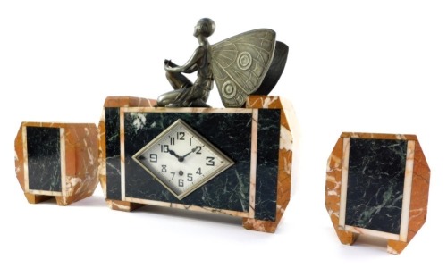 A Continental Art Deco marble cased clock garniture, the rhomboid shaped silvered dial bearing Arabic numerals, thirty hour movement, the case of shaped rectangular form with veined orange and green marble, surmounted with a kneeling figure with butterfly