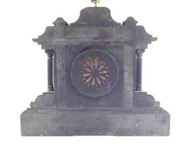 A late 19thC French slate and brass mantel clock, for Mappin & Webb, London, circular brass dial with central filigree scroll decoration, bearing Arabic numerals, eight day movement with coil strike, the case of architectural temple form with decorative f - 4