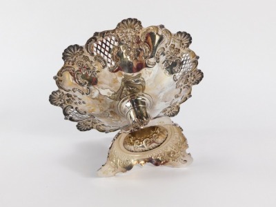 A Victorian silver comport, with hatched and embossed decoration of shells, flowers and rococo scrolls, on a tripod base, Fenton Brothers Ltd, Sheffield 1901, 14¼oz, 13cm high. - 4