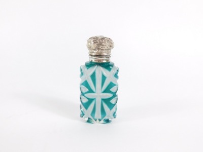 A Victorian flashed glass and silver topped scent bottle, the embossed silver hinged lid, with glass decanter stopper, and cut glass turquoise and clear glass body, hallmark rubbed, 10cm high. - 2