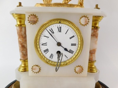 A French late 19thC onyx and gilt metal mantel clock, with Roman numeric dial with chapter ring and gilt surround, thirty hour movement, the case with white and red veined marble, surmounted with a figure of Vercingetorix on horseback, on an ebonised base - 3