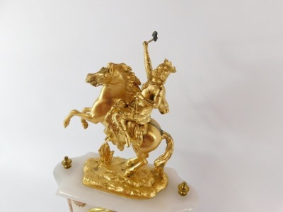 A French late 19thC onyx and gilt metal mantel clock, with Roman numeric dial with chapter ring and gilt surround, thirty hour movement, the case with white and red veined marble, surmounted with a figure of Vercingetorix on horseback, on an ebonised base - 4