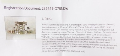 A diamond cluster ring, the central princess cut diamond measuring 4.11mm x 3.98mm x 3.05mm, total estimated carat weight 0.41ct, surrounded by four baguette cut diamonds, each measuring approx 4mm x 1.5mm x 1.8mm, estimated total carat weight 0.30ct, and - 5