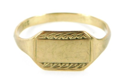 A signet ring, with rectangular panel, with plain centre and woven outer detailing, yellow metal stamped 9ct, ring size I, 0.8g, boxed.