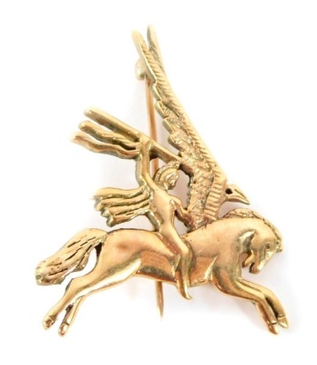 A 9ct gold Pegasus brooch, depicting Pegasus and warrior, with flaming blade, London, 3cm high, 2.5cm wide, 6.2g all in.