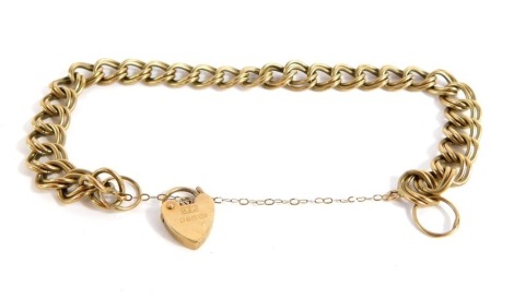 A 9ct gold gate bracelet, with two link interwoven bracelet and small heart shaped padlock with safety chain, 18cm long, 12.6g all in.