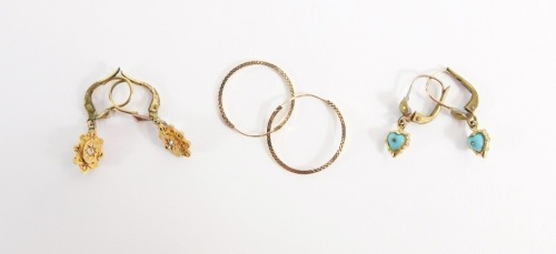 Three pairs of earrings, comprising a pair of 9ct gold hammered design hoops, 2cm high, a pair of Victorian style 9ct and CZ set drop earrings, and a pair of turquoise heart drop earrings, 4g all in.