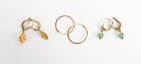 Three pairs of earrings, comprising a pair of 9ct gold hammered design hoops, 2cm high, a pair of Victorian style 9ct and CZ set drop earrings, and a pair of turquoise heart drop earrings, 4g all in.