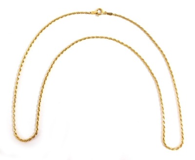A 9ct gold thin rope twist neck chain, with import marks stamped 9kt Italy, 50cm long, 6g.
