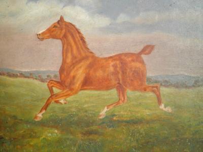 Late 19thC British School. Chestnut horse in country landscape