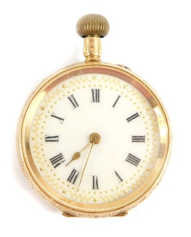A continental early 20thC lady's pocket watch, open faced, keyless wind, white enamel dial bearing Roman numerals with gilt outer tooling, the case engraved with flowers and leaves, shield reserve, yellow metal, marked 14kt, 27.3g all in.
