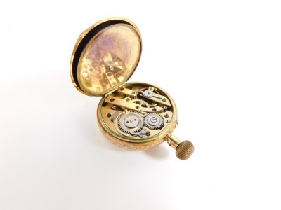 A continental early 20thC lady's pocket watch, open faced, keyless wind, white enamel dial bearing Roman numerals with gilt outer tooling, the case engraved with flowers and leaves, shield reserve, yellow metal, marked 14kt, 27.3g all in. - 4