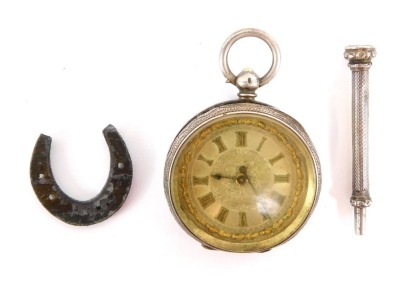 A continental lady's silver pocket watch, open faced, key wind, silvered coloured dial and silver gilt bow outer detailing, bearing Roman numerals, the case engraved with flowers and reserve shield bearing initials ME, 39.9g all in, together with a Samson
