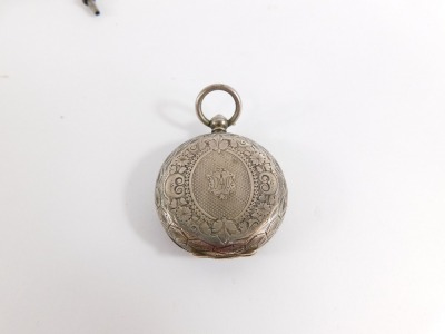 A continental lady's silver pocket watch, open faced, key wind, silvered coloured dial and silver gilt bow outer detailing, bearing Roman numerals, the case engraved with flowers and reserve shield bearing initials ME, 39.9g all in, together with a Samson - 4