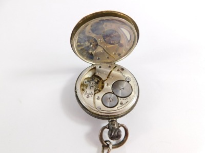 A George V silver gentleman's pocket watch, open faced, keyless wind, white enamel dial bearing Roman numerals, subsidiary seconds dial, blue hands, the case with engine turned decoration, shield and garter reserve, Birmingham 1930, on a silver plated wat - 5