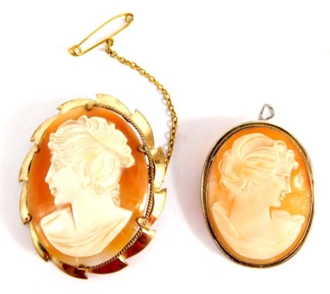 Two shell cameo brooches, one depicting maiden looking right, in a white metal outer casing, single pin back, marked 800, 5.5g all in, 3cm x 2.5cm, and another in rolled gold frame, 4cm x 3cm.