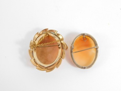 Two shell cameo brooches, one depicting maiden looking right, in a white metal outer casing, single pin back, marked 800, 5.5g all in, 3cm x 2.5cm, and another in rolled gold frame, 4cm x 3cm. - 2