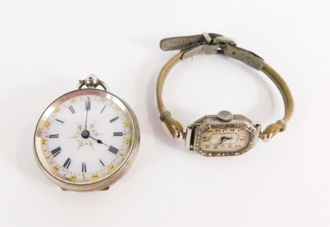 A Tivoli lady's silver cased wristwatch, and a Continental silver pocket watch, stamped 800, with white enamel dial, floral gold and silver markers, 40.3g all in. (2)