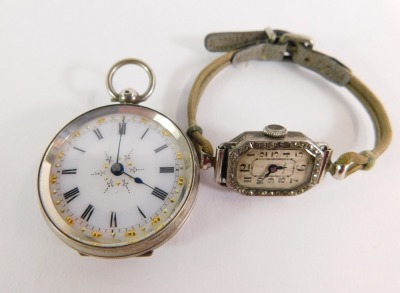 A Tivoli lady's silver cased wristwatch, and a Continental silver pocket watch, stamped 800, with white enamel dial, floral gold and silver markers, 40.3g all in. (2) - 4