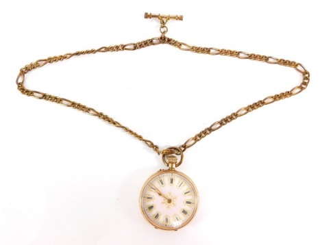 A 9ct gold Continental fob watch, the white and pink finished dial with Roman numerals and gilt and silvered coloured scroll detailing, in a hammered heavily floral embossed case, with vacant crest, bezel wind on a gold plated watch chain, 44.5g all in.