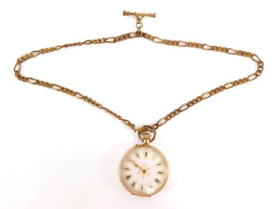 A 9ct gold Continental fob watch, the white and pink finished dial with Roman numerals and gilt and silvered coloured scroll detailing, in a hammered heavily floral embossed case, with vacant crest, bezel wind on a gold plated watch chain, 44.5g all in.