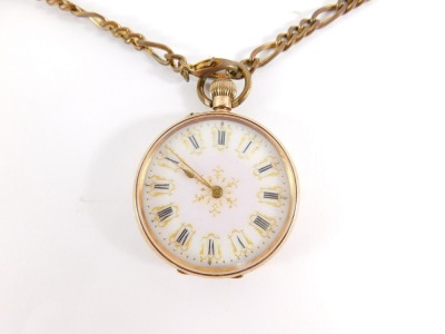 A 9ct gold Continental fob watch, the white and pink finished dial with Roman numerals and gilt and silvered coloured scroll detailing, in a hammered heavily floral embossed case, with vacant crest, bezel wind on a gold plated watch chain, 44.5g all in. - 3