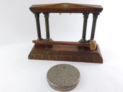 A Victorian oak and brass table gong, of four Corinthian column temple form, on a rectangular base with egg and dart moulding, with clanger, 29cm high, 41cm wide. - 2