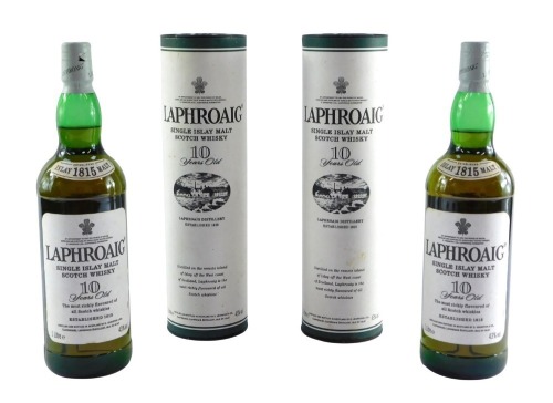 Two bottles of Laphroaig Single Islay Malt Scotch Whisky, ten years old, each 1 litre, boxed.