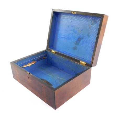 A Victorian mahogany and marquetry inlaid box, of rectangular section, with plain interior, 11.5cm x 27cm x 19.5cm.