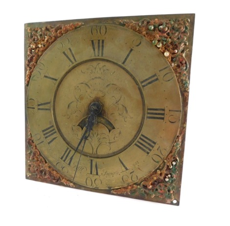 Will Snow. A longcase clock brass square dial, with foliate spandrels, brass chapter ring bearing Roman numerals and Arabic seconds, date aperture, signed Will Snow No 106, 22cm x 22cm.