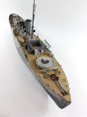 A kit built minelayer model, painted in grey and black camouflage, some loose items, 82cm long. - 2