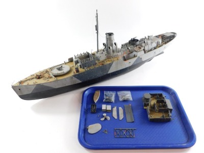 A kit built minelayer model, painted in grey and black camouflage, some loose items, 82cm long. - 3