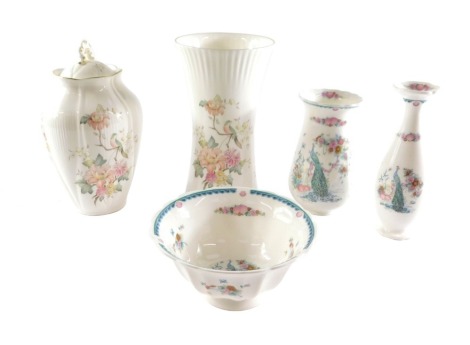 A group of ceramics, comprising a Royal Doulton Mystic Dawn pattern vase and matching jar and cover, together with three Royal Doulton Jadjar Summer Collection vases and a bowl. (5)