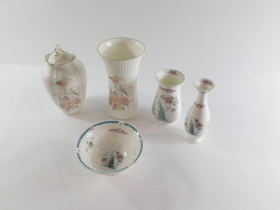 A group of ceramics, comprising a Royal Doulton Mystic Dawn pattern vase and matching jar and cover, together with three Royal Doulton Jadjar Summer Collection vases and a bowl. (5) - 2